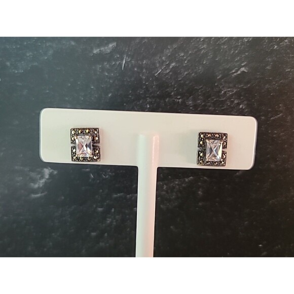 925 Sterling Silver CZ Marcasite Rectangular Post Earrings Vintage - Picture 3 of 11